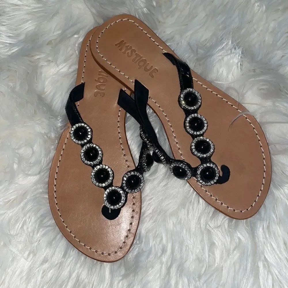 Mystique Boutique Handmade Black patent and Rhinestone Beaded Flip Flop Sandals
